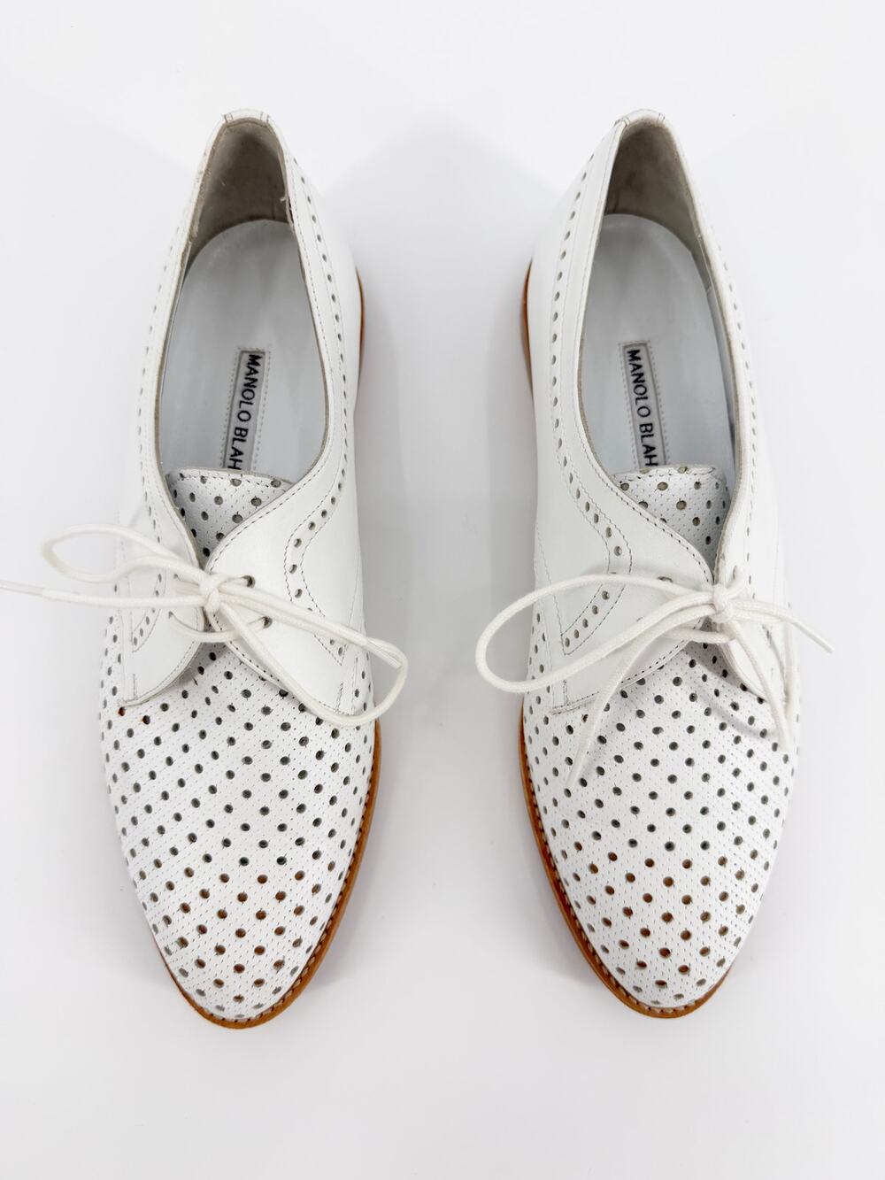 Manolo Blahnik White Leather Derby Oxford Flats Piola Lace Up Size 39.5 EU 9.5